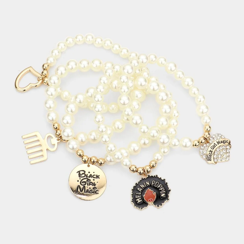 Cream Pearls Gold Pendant Charms Crystal BLACK GIRL MAGIC Beads Stretch Bracelet